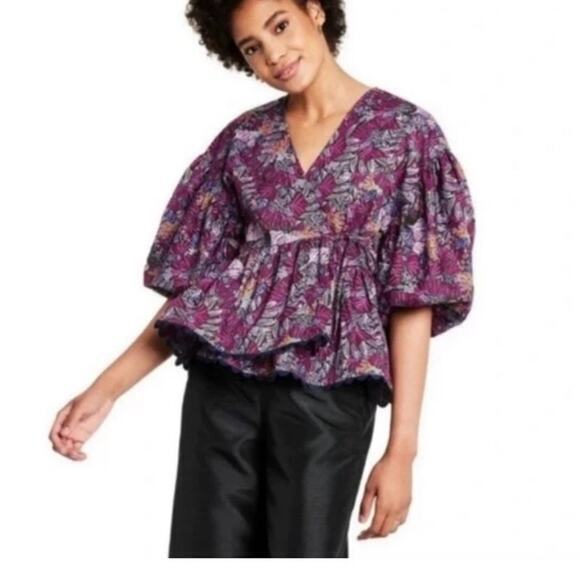 Kika Vargas x Target Purple Floral Cotton Coral Reef Scallop‎ Edge Wrap Top XS - Picture 1 of 9